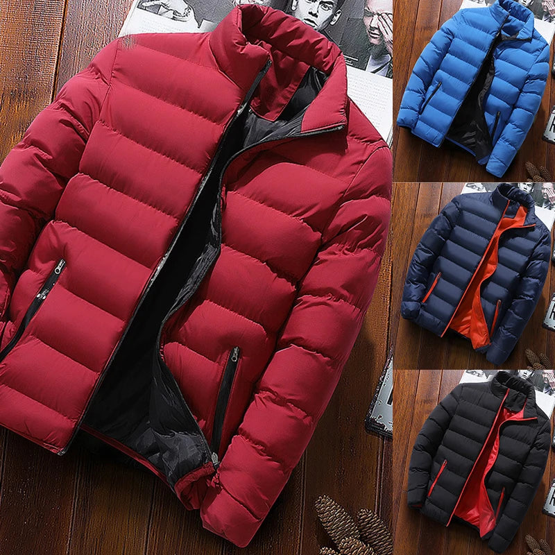 Mens Winter Jackets Fashion Casual Windbreaker Stand Collar Thermal Coat Outwear